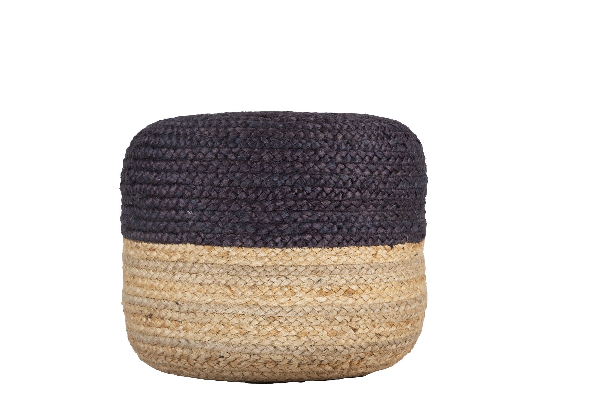 Ava Dual Color Jute Pouf in natural and blue, showcasing its round shape and hand-braided jute texture.