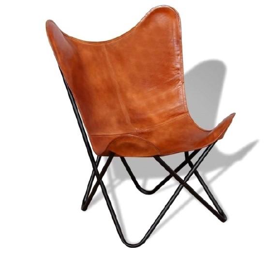 Ava Leather Butterfly Chair in brown featuring a sturdy iron frame and genuine leather seat, perfect for modern decor.