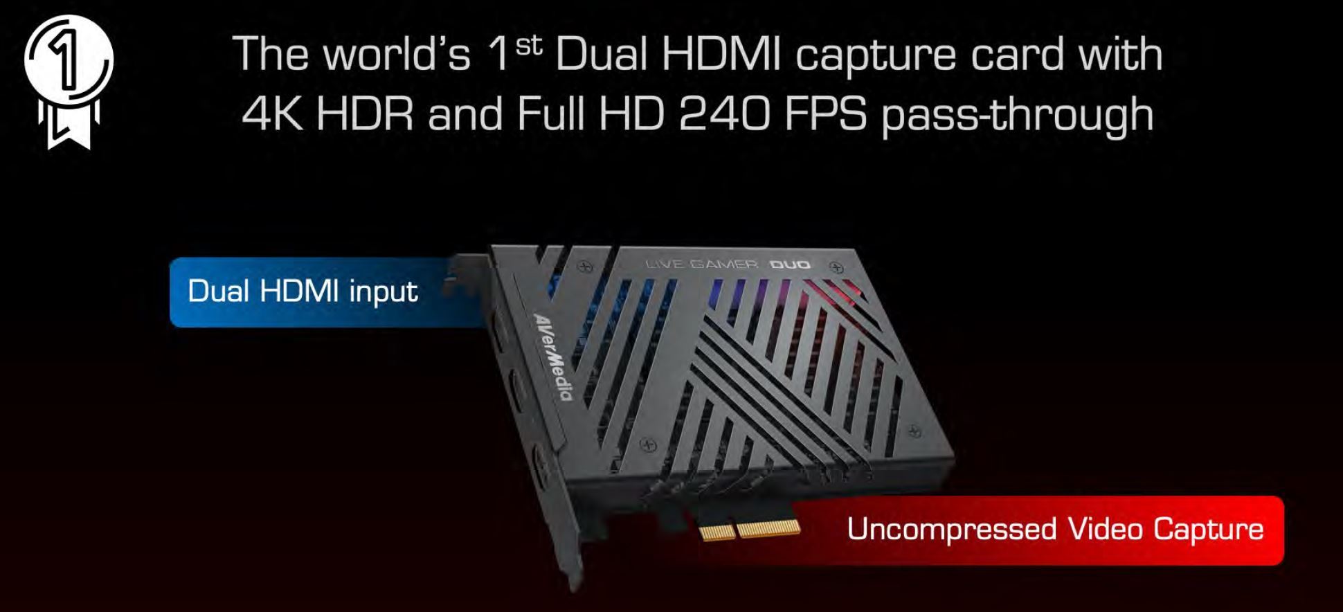 AVERMEDIA GC570D capture card with dual HDMI inputs and RGB lighting, designed for 4K HDR and 1080p240 video capture.