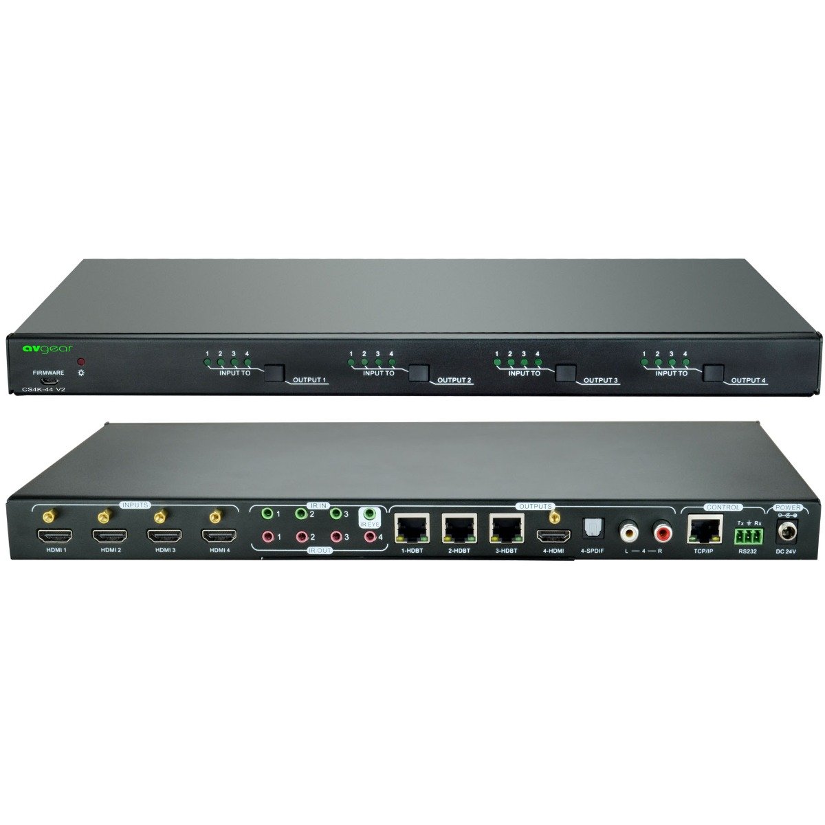 AVGear AVG-CS4K-44-V3 HDBT/HDMI 4x4 Matrix Switch with multiple HDMI inputs and outputs.