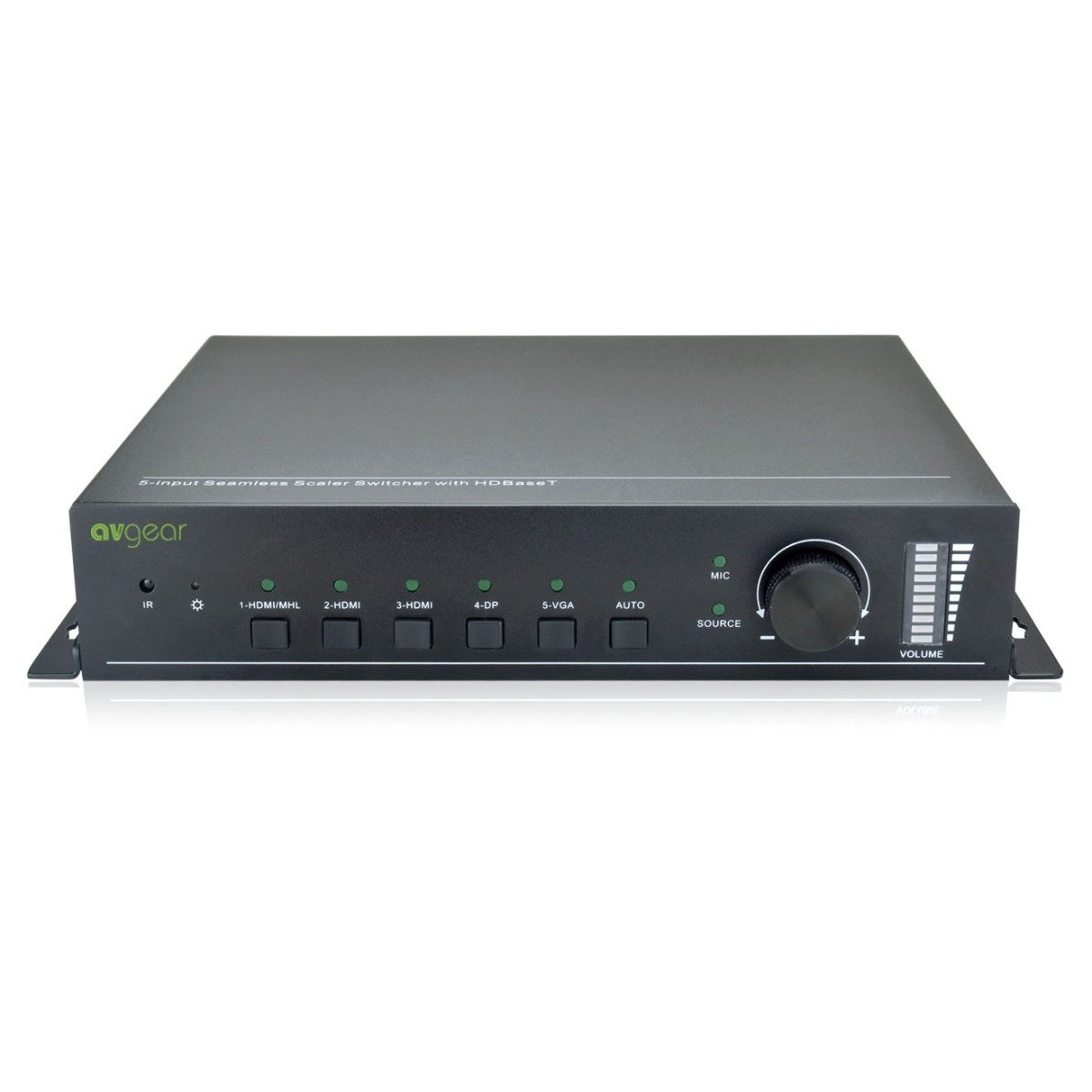 AVGear AVG-SC51TS HDBT Seamless Scaler with multiple video inputs and outputs, showcasing its compact design and connectivity options.