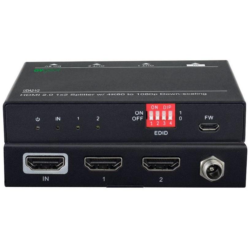 AVGear AVG-UDA2-V2 HDMI2.0 2 Way Splitter with dual HDMI outputs and indicator lights.