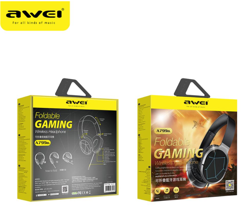 AWEI A799BL Foldable Gaming Wireless Headphone in black, showcasing its sleek design and over-ear cushions.