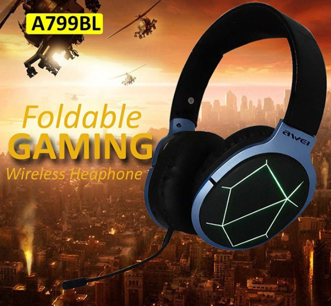 AWEI A799BL Foldable Gaming Wireless Headphone in black, showcasing its sleek design and over-ear cushions.