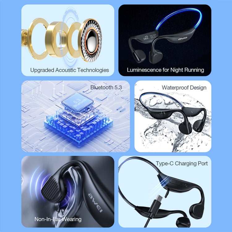 AWEI A895BL Air Conduction Luminous Sports Bluetooth Earphones in black, showcasing their sleek design and luminous feature.