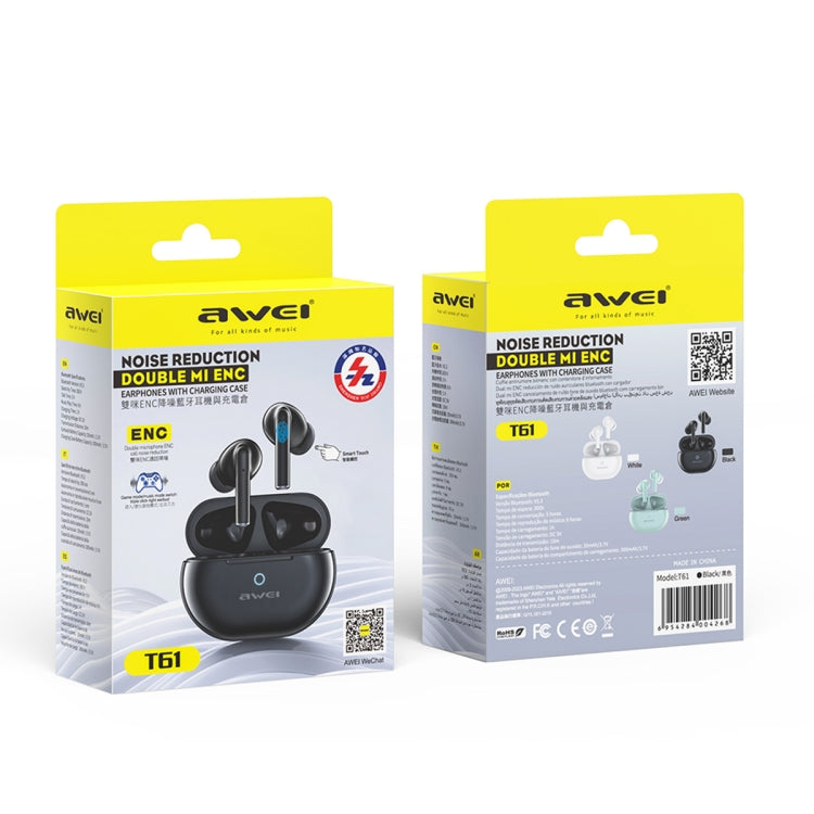 Awei T61 Noise Reduction Dual Mic TWS Bluetooth Earbuds in black, showcasing sleek design and advanced features.