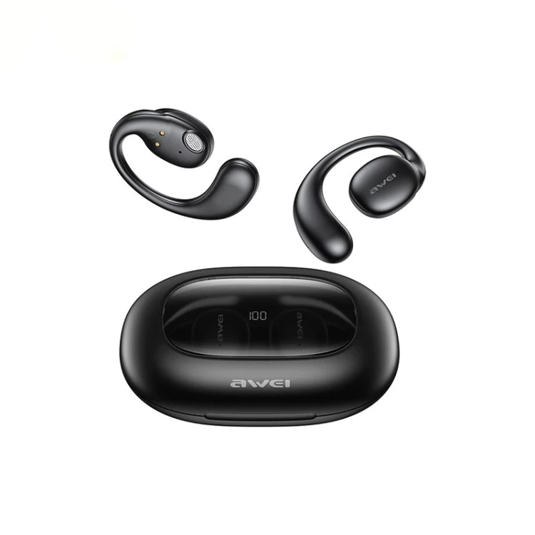Awei T80 Air Conduction Sport TWS Bluetooth Earbuds in black, showcasing their sleek design and earhook style.