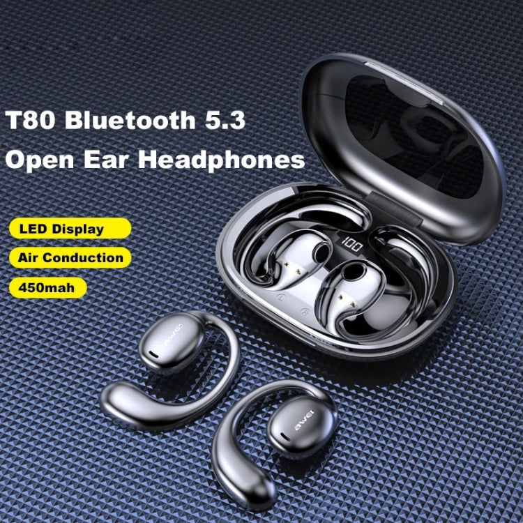 Awei T80 Air Conduction Sport TWS Bluetooth Earbuds in black, showcasing their sleek design and earhook style.