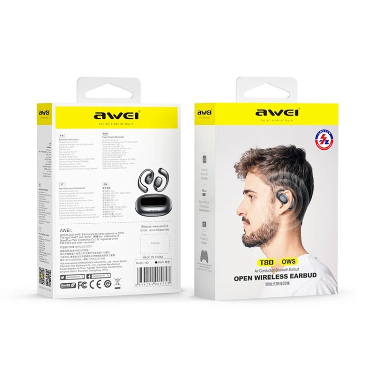Awei T80 Air Conduction Sport TWS Bluetooth Earbuds in black, showcasing their sleek design and earhook style.
