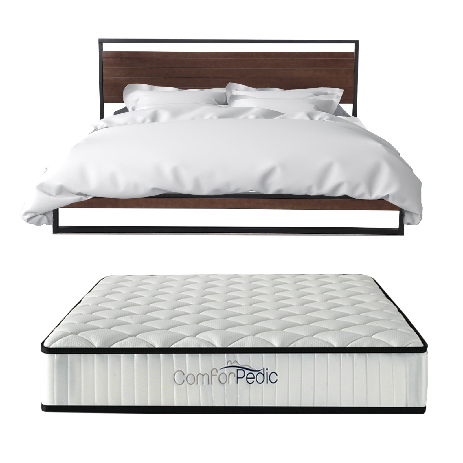 Azure wood bed frame with a Comforpedic mattress, showcasing a modern design with a headboard and neutral colors.