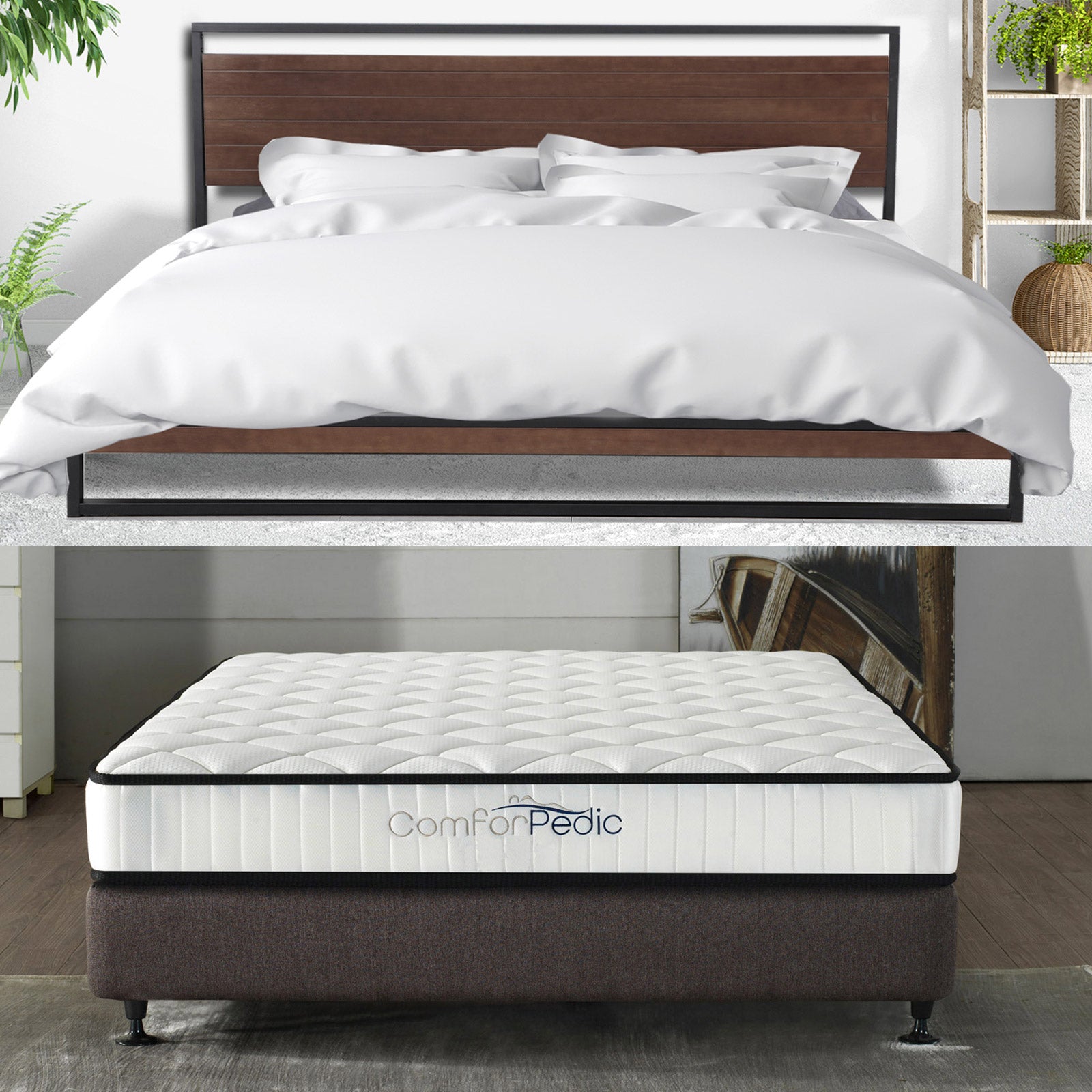 Azure wood bed frame with a Comforpedic mattress, showcasing a modern design with a headboard and neutral colors.