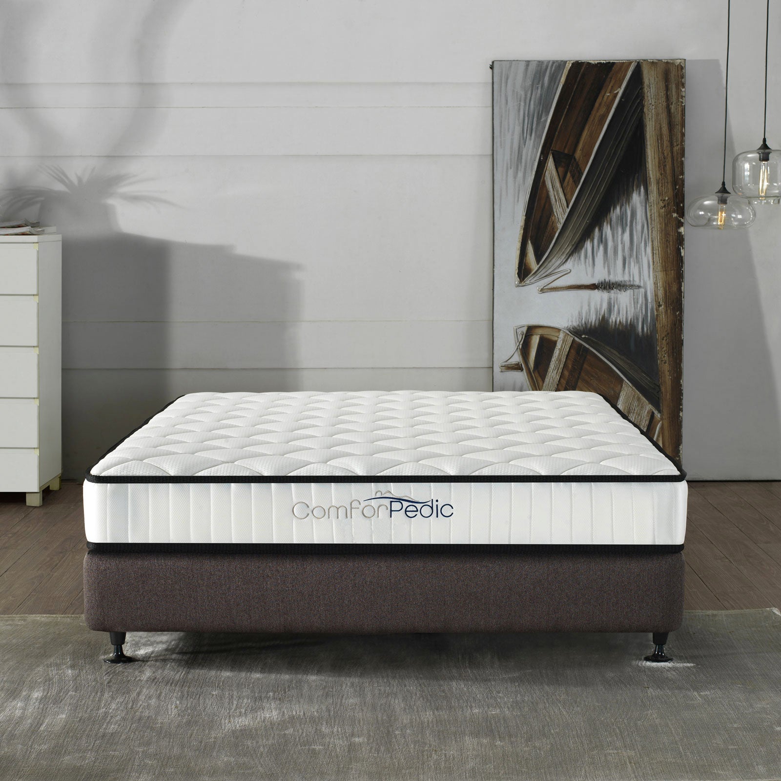 Azure wood bed frame with a Comforpedic mattress, showcasing a modern design with a headboard and neutral colors.
