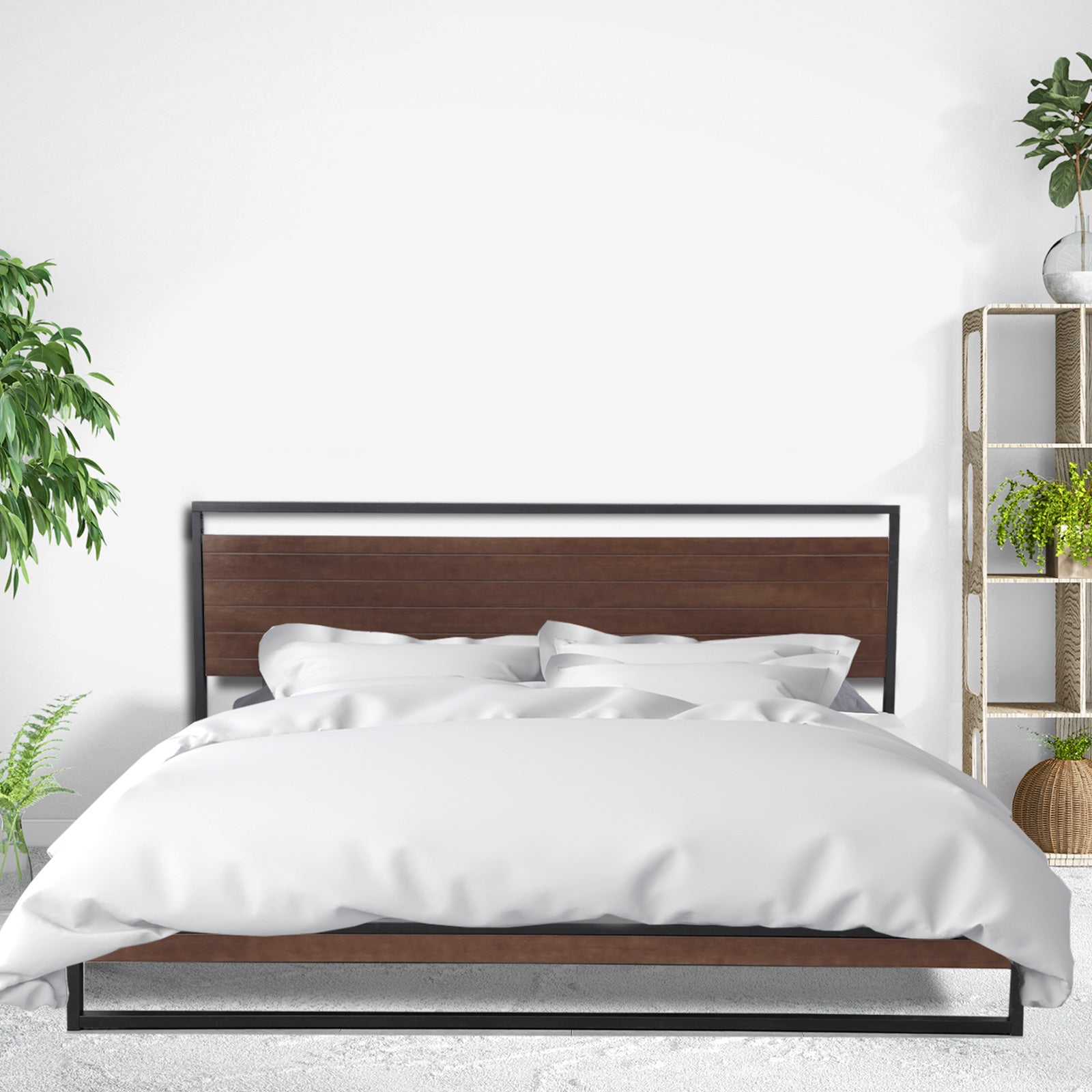 Azure wood bed frame with a Comforpedic mattress, showcasing a modern design with a headboard and neutral colors.