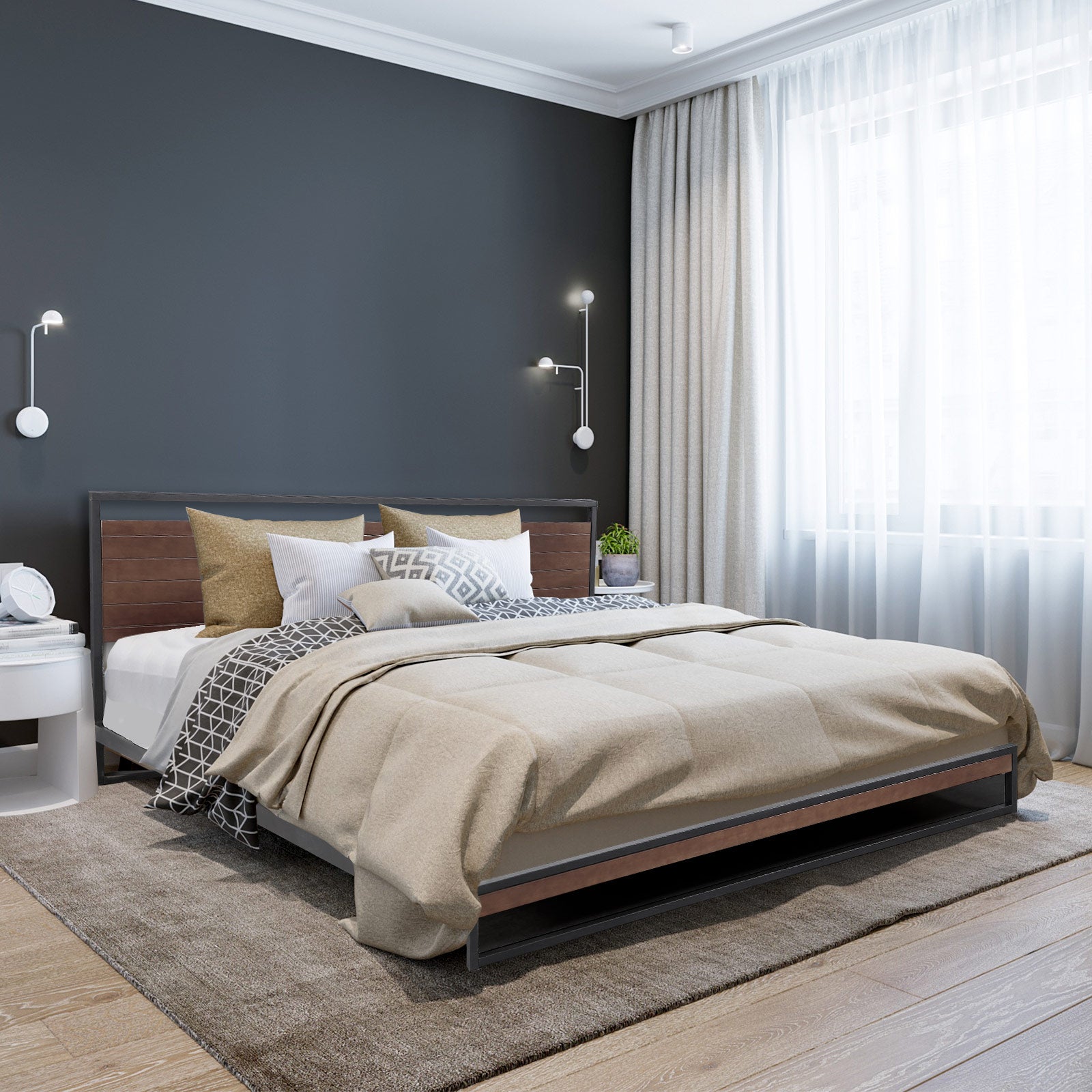 Azure wood bed frame with a Comforpedic mattress, showcasing a modern design with a headboard and neutral colors.