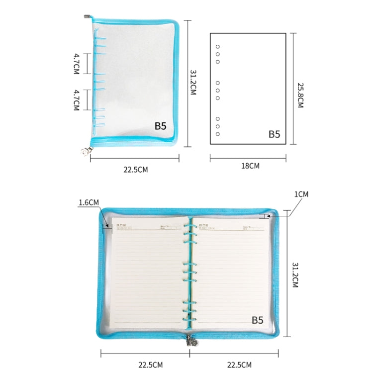 B5 9 Rings Loose-leaf Journal with clear PVC cover and glitter design, featuring a zipper closure and metal binder.