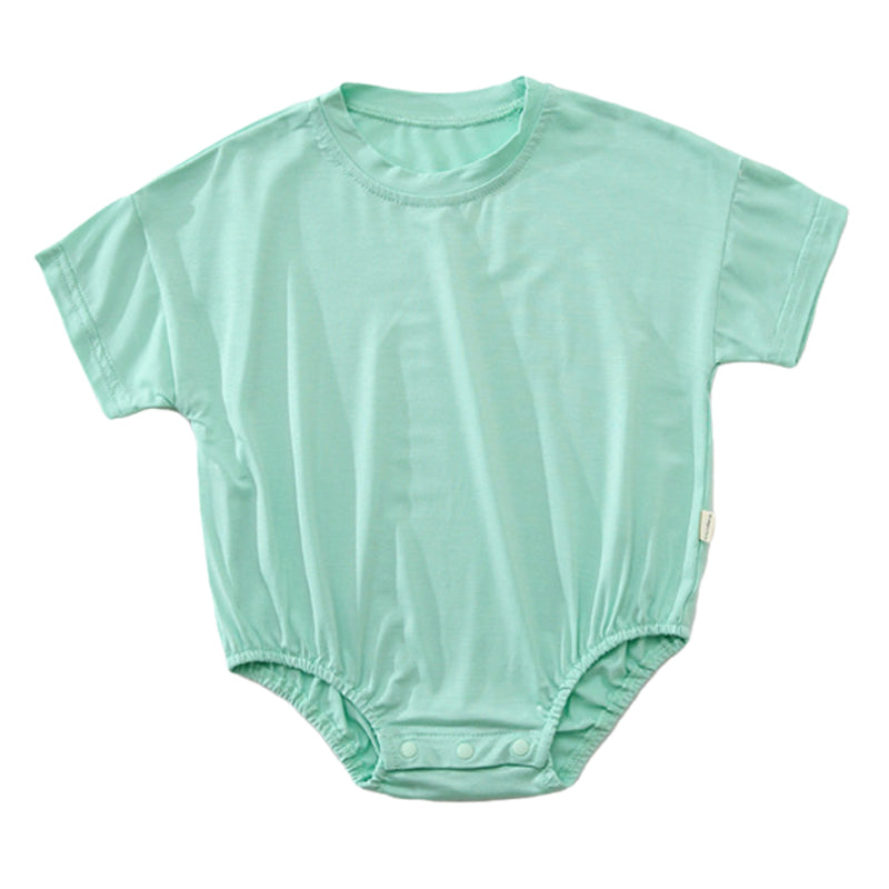 Baby unisex solid color rompers in various colors including pink, blue, green, and yellow, made from soft cotton blend fabric.