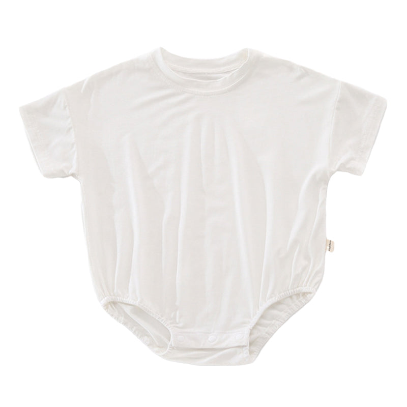 Baby unisex solid color rompers in various colors including pink, blue, green, and yellow, made from soft cotton blend fabric.