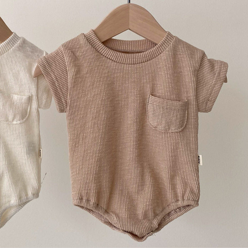 Baby unisex solid color rompers in white and coffee, suitable for ages 0-24 months, made from soft cotton blend fabric.