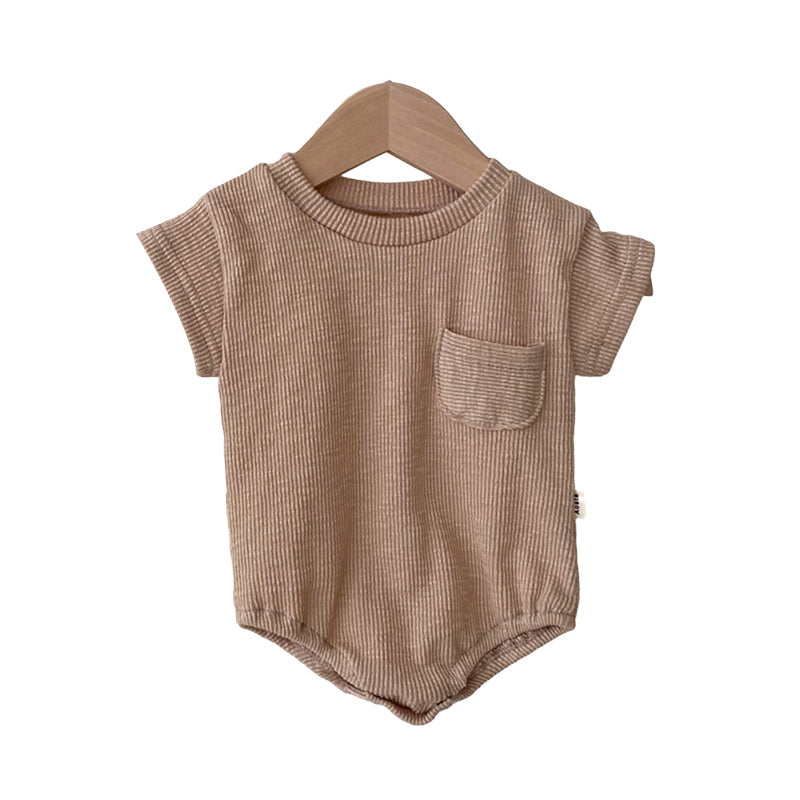 Baby unisex solid color rompers in white and coffee, suitable for ages 0-24 months, made from soft cotton blend fabric.