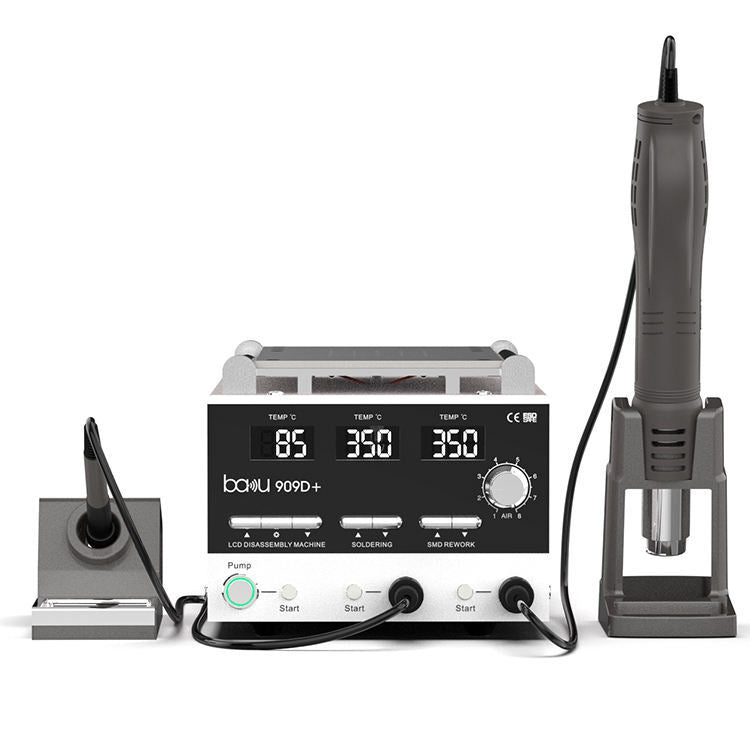 Baku BA-909D+ 750W 3 in 1 Hot Air Soldering Station with integrated hot air gun and soldering iron.