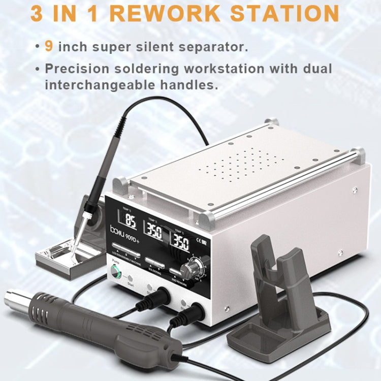 Baku BA-909D+ 750W 3 in 1 Hot Air Soldering Station with integrated hot air gun and soldering iron.