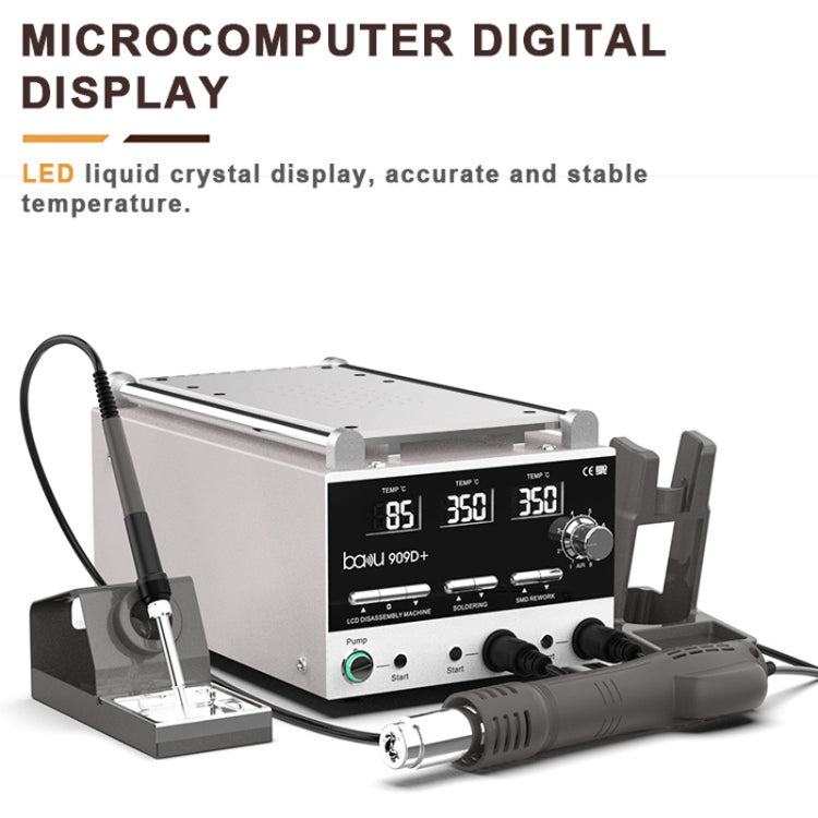 Baku BA-909D+ 750W 3 in 1 Hot Air Soldering Station with integrated hot air gun and soldering iron.