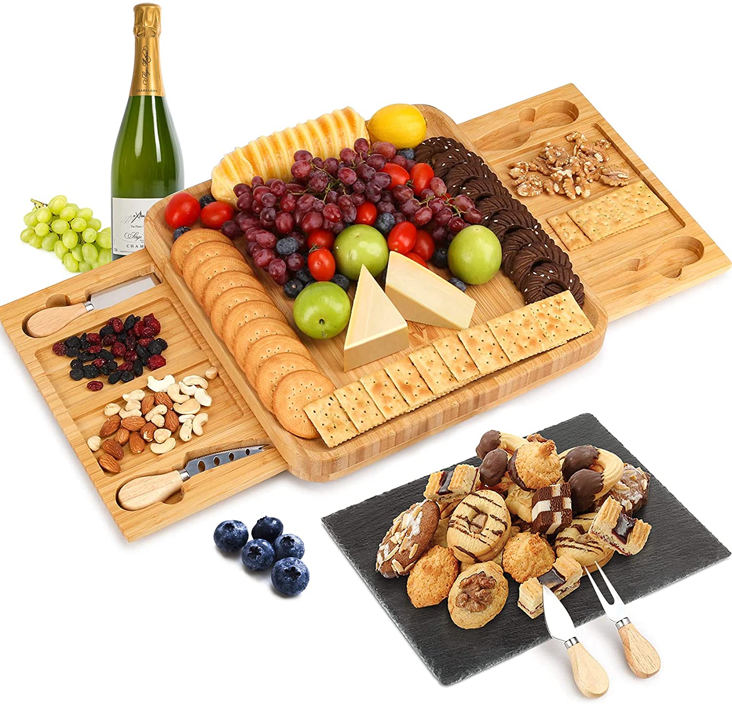 Bamboo cheese board set featuring a slate rock tray, stainless steel knives, and organized compartments for cheese, fruits, and nuts.