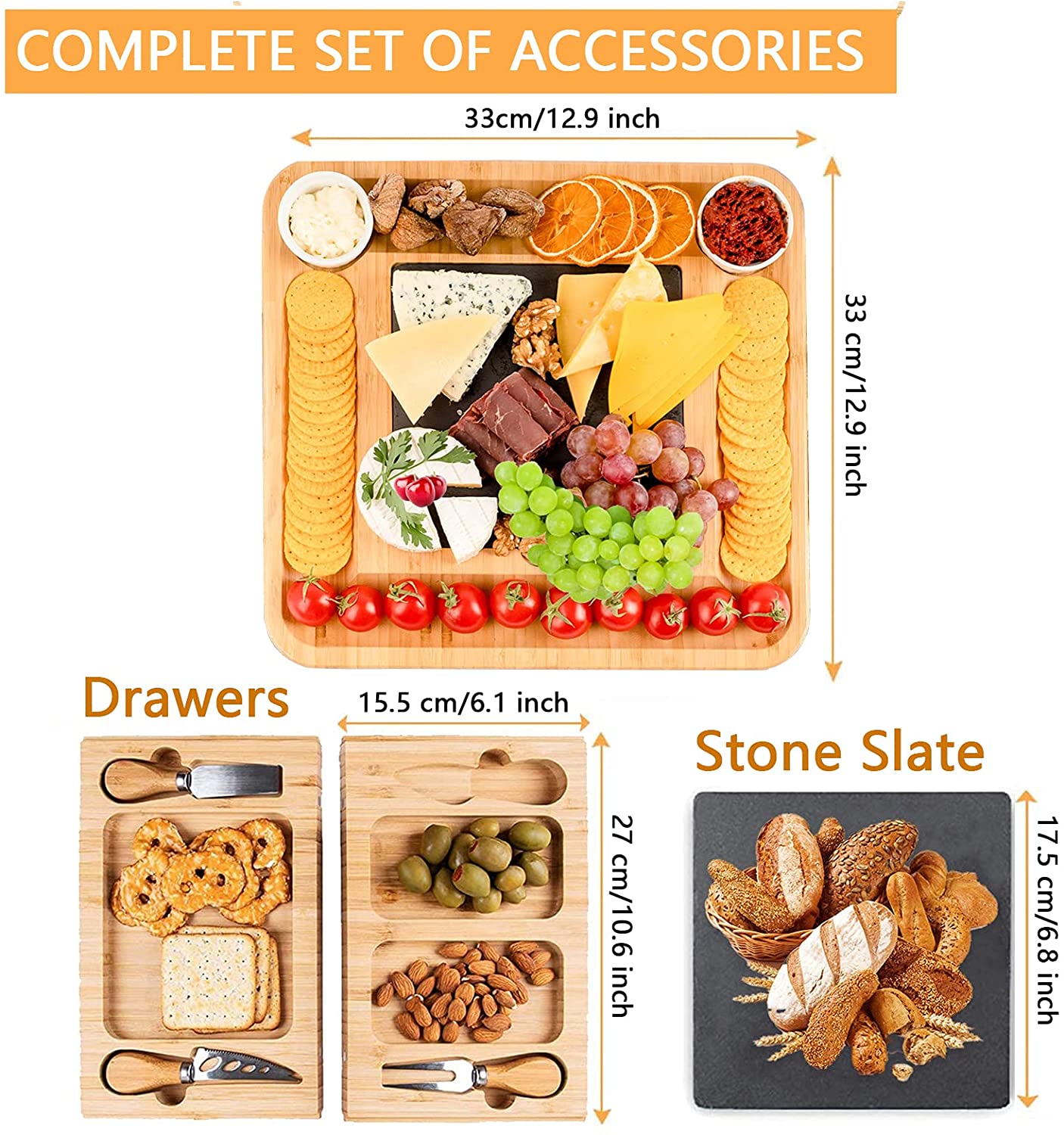 Bamboo cheese board set featuring a slate rock tray, stainless steel knives, and organized compartments for cheese, fruits, and nuts.