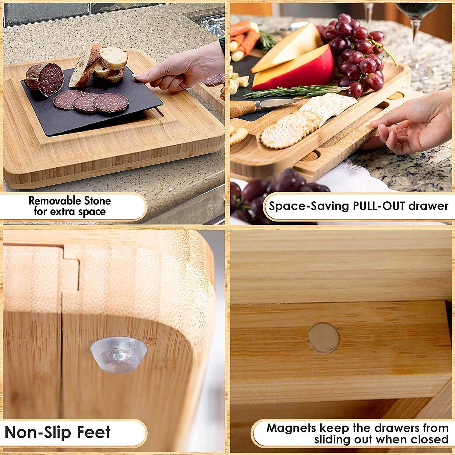 Bamboo cheese board set featuring a slate rock tray, stainless steel knives, and organized compartments for cheese, fruits, and nuts.