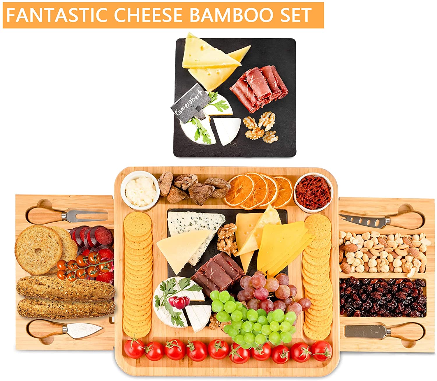Bamboo cheese board set featuring a slate rock tray, stainless steel knives, and organized compartments for cheese, fruits, and nuts.