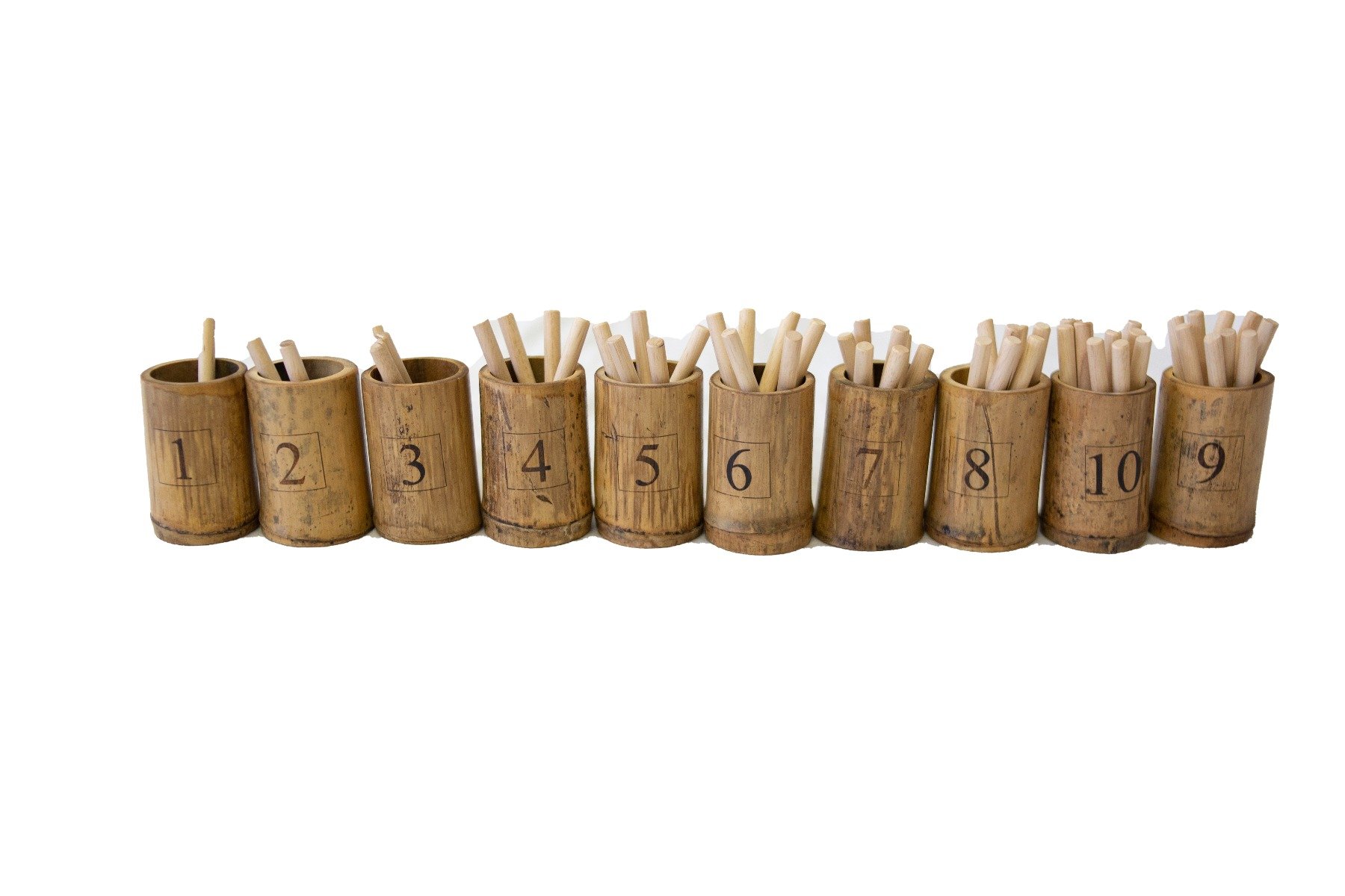 Bamboo Counting Set featuring 10 cups and 55 sticks for interactive math learning.