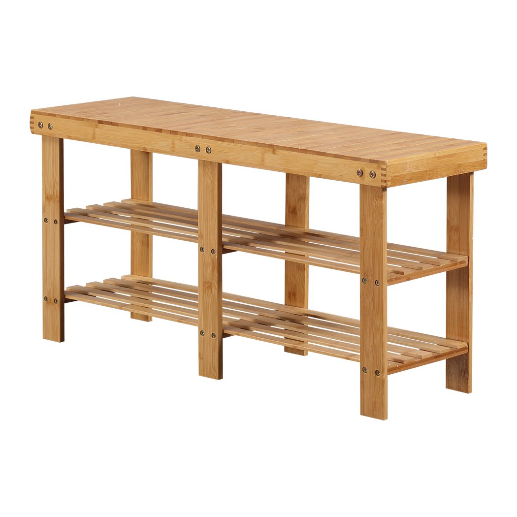Bamboo Shoe Rack Stand Bench with three tiers, showcasing a stylish design and sturdy construction, perfect for shoe storage and seating.