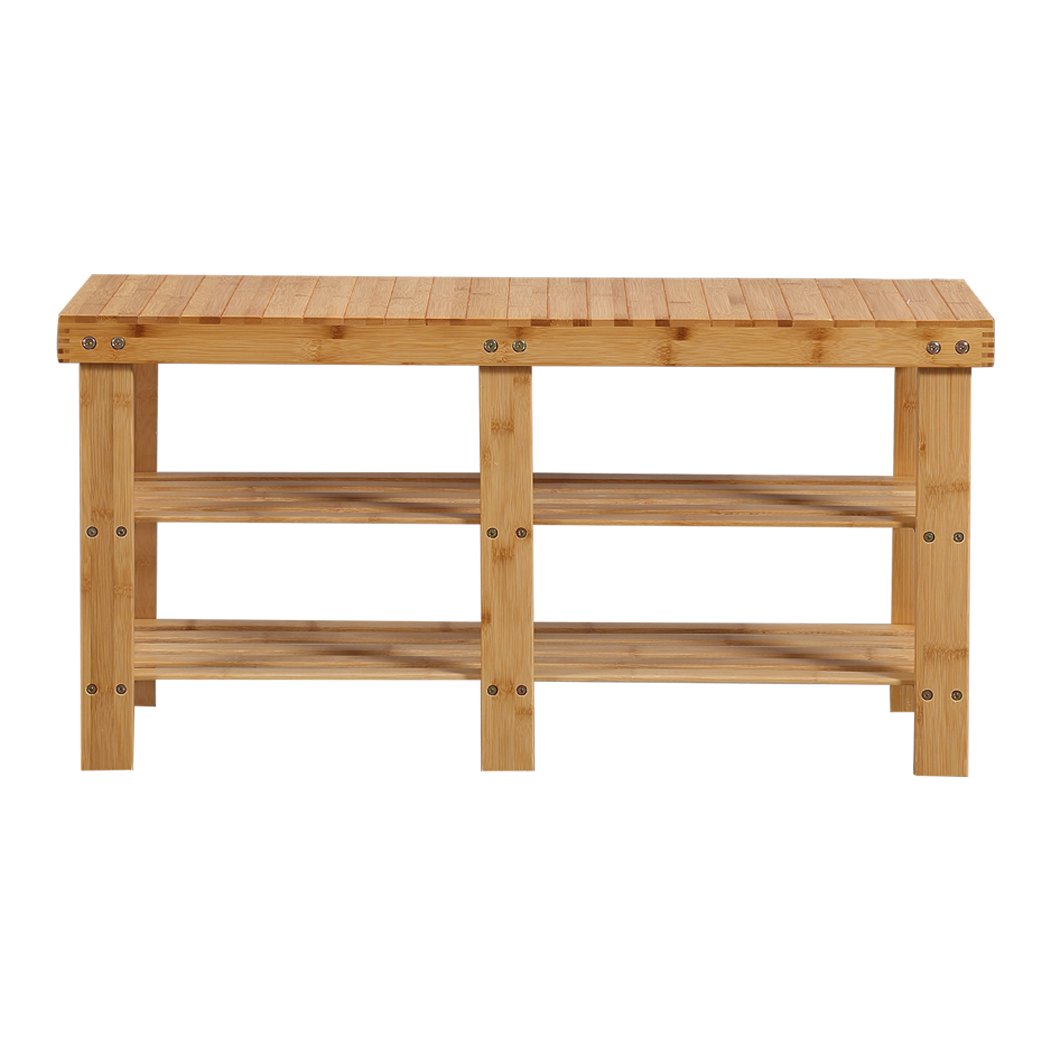 Bamboo Shoe Rack Stand Bench with three tiers, showcasing a stylish design and sturdy construction, perfect for shoe storage and seating.