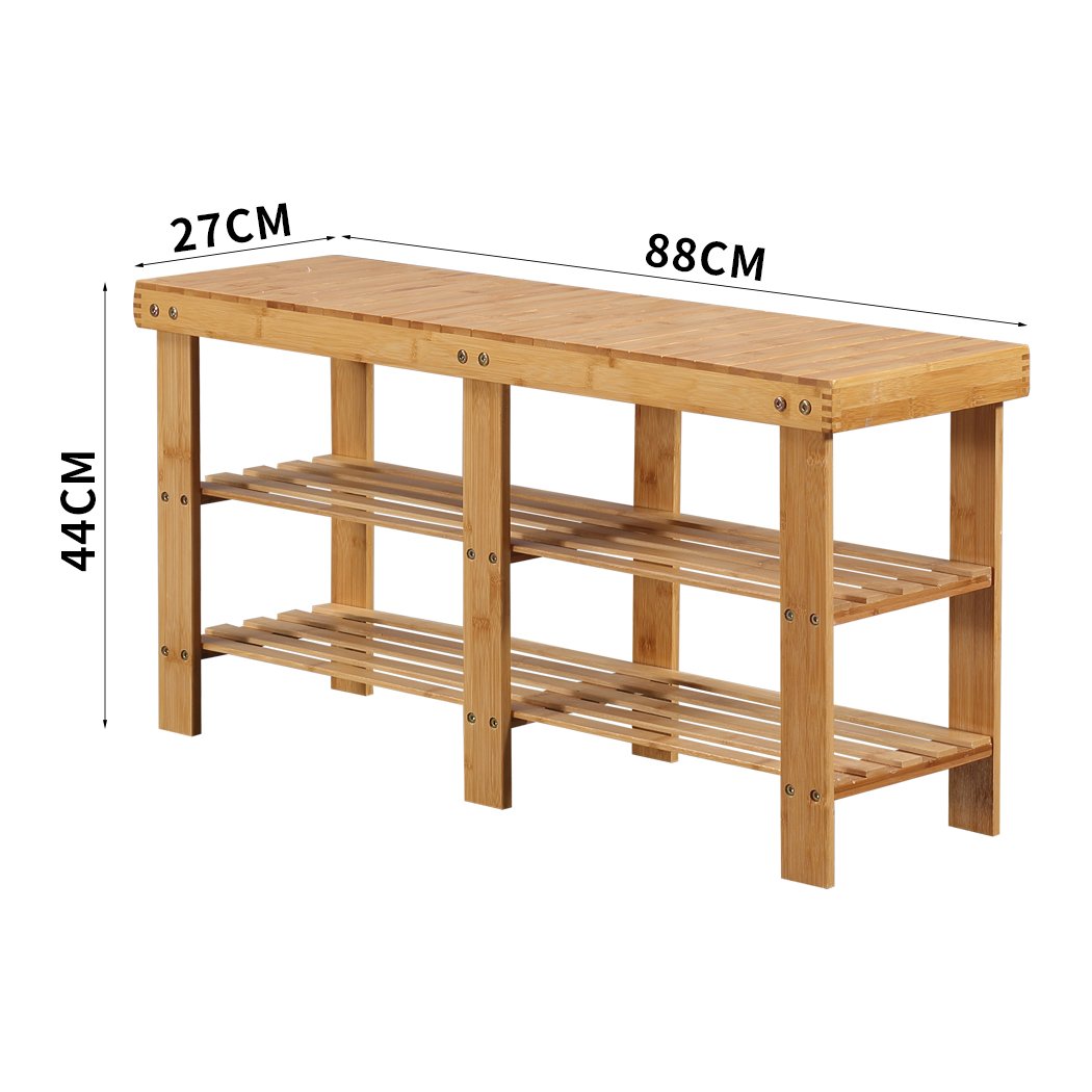 Bamboo Shoe Rack Stand Bench with three tiers, showcasing a stylish design and sturdy construction, perfect for shoe storage and seating.