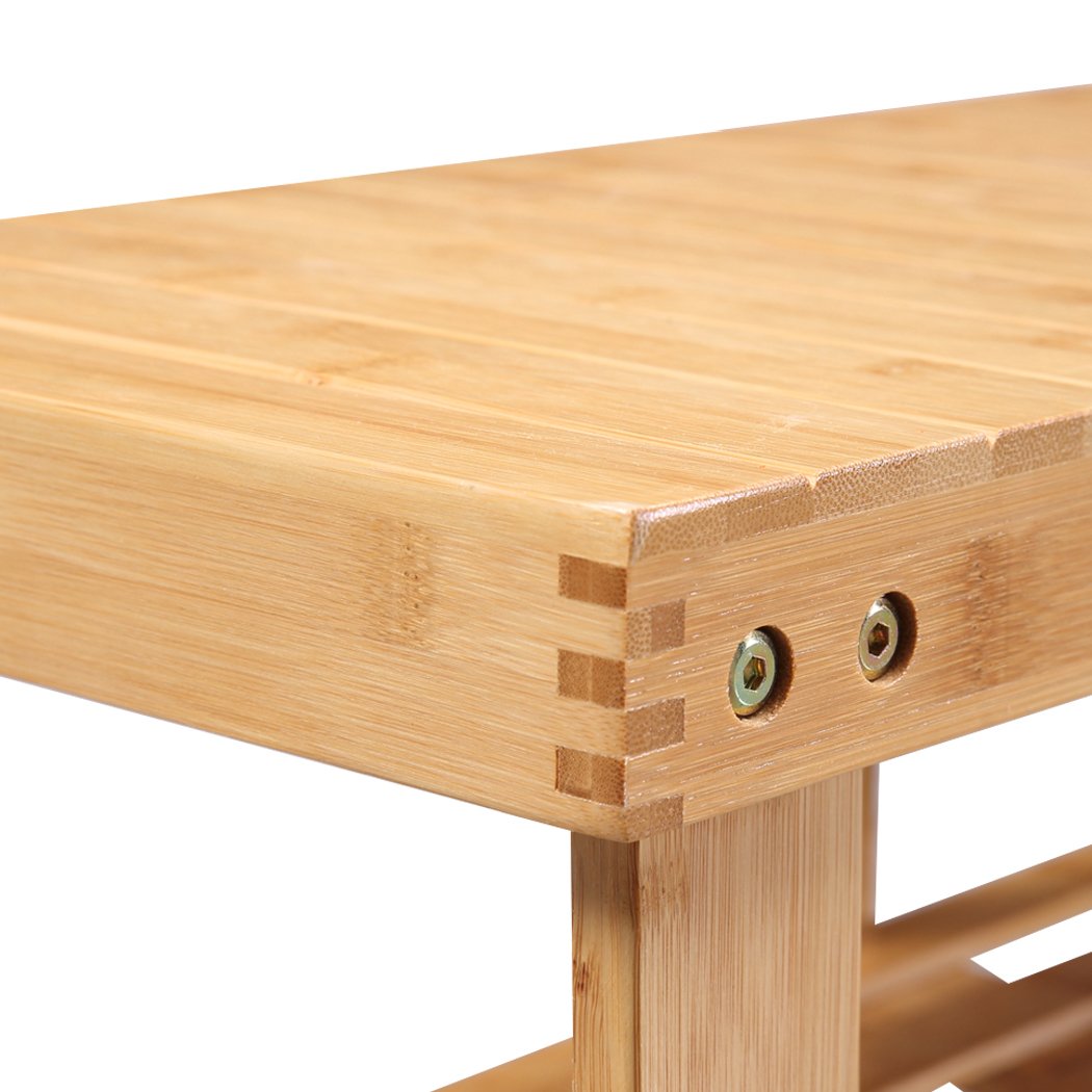 Bamboo Shoe Rack Stand Bench with three tiers, showcasing a stylish design and sturdy construction, perfect for shoe storage and seating.