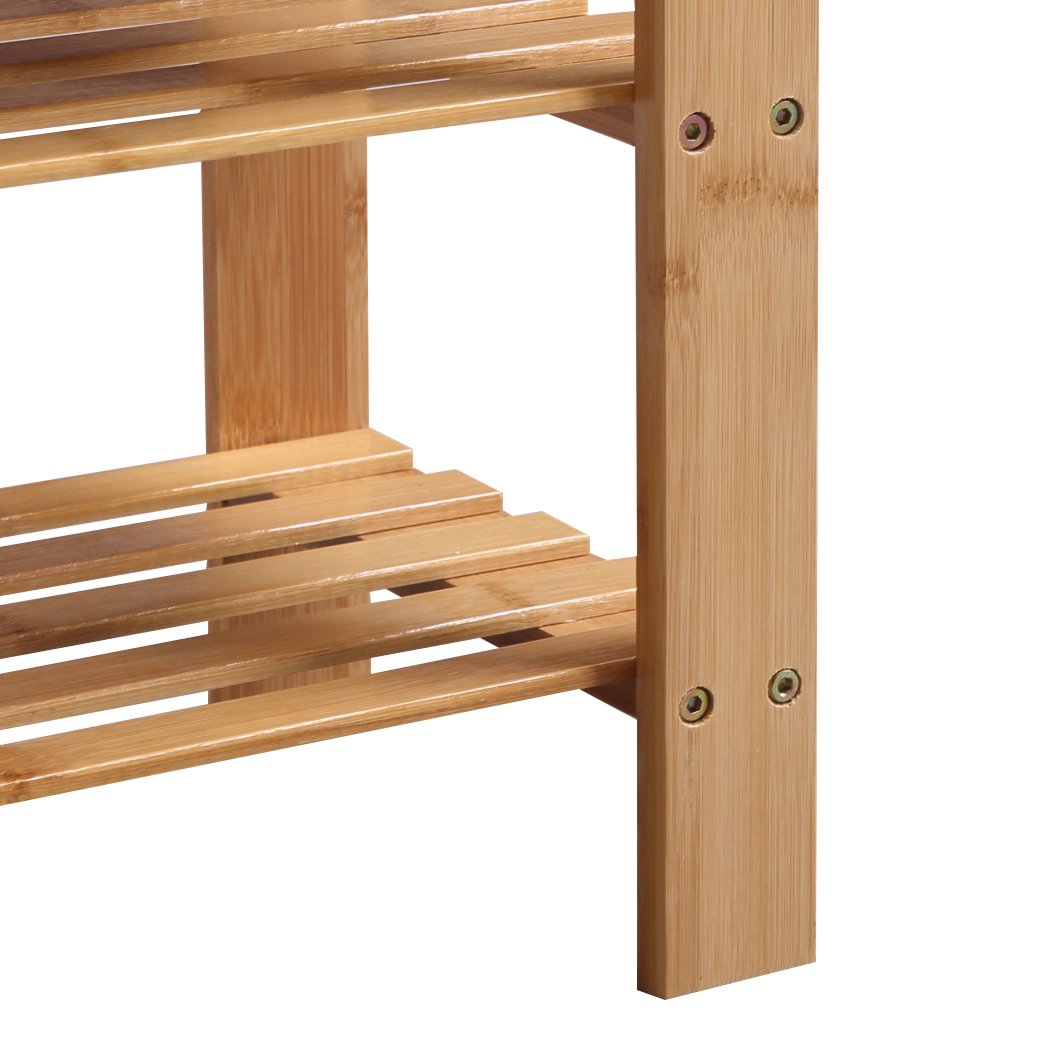 Bamboo Shoe Rack Stand Bench with three tiers, showcasing a stylish design and sturdy construction, perfect for shoe storage and seating.