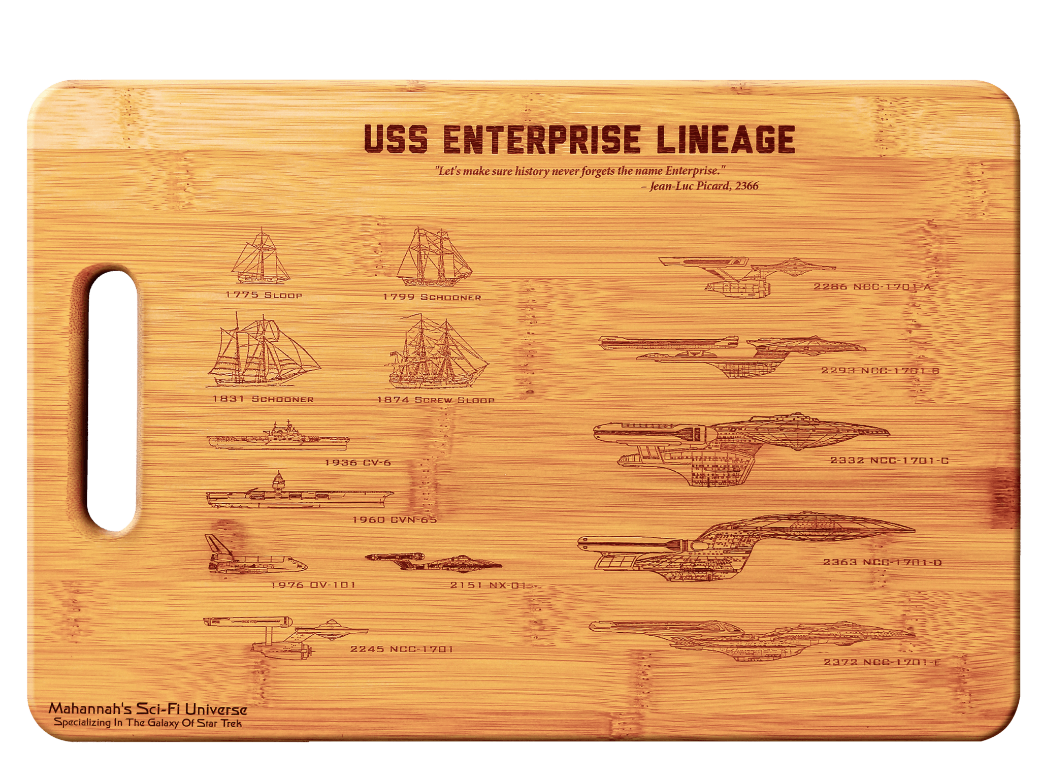 Bamboo cutting board featuring laser engraved lineage of USS Enterprise NCC-1701, showcasing intricate details and unique design.