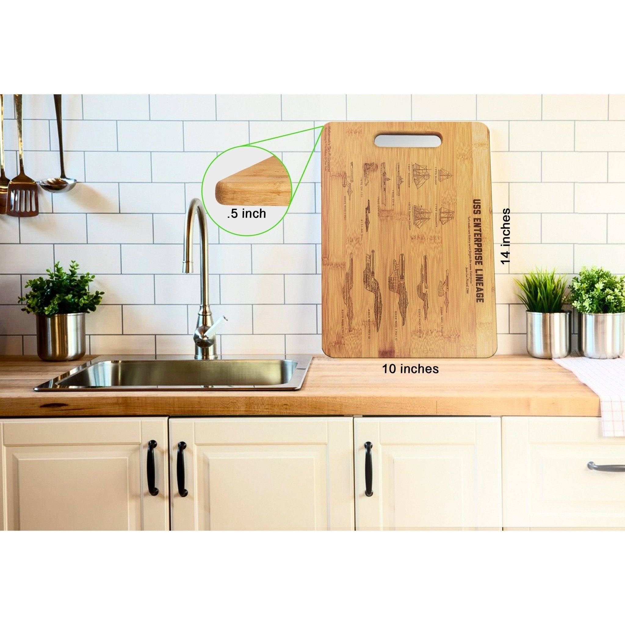 Bamboo cutting board featuring laser engraved lineage of USS Enterprise NCC-1701, showcasing intricate details and unique design.