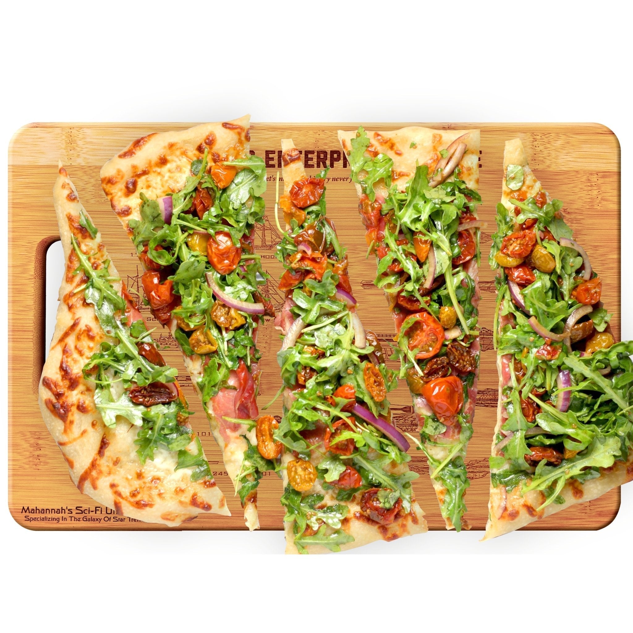 Bamboo cutting board featuring laser engraved lineage of USS Enterprise NCC-1701, showcasing intricate details and unique design.