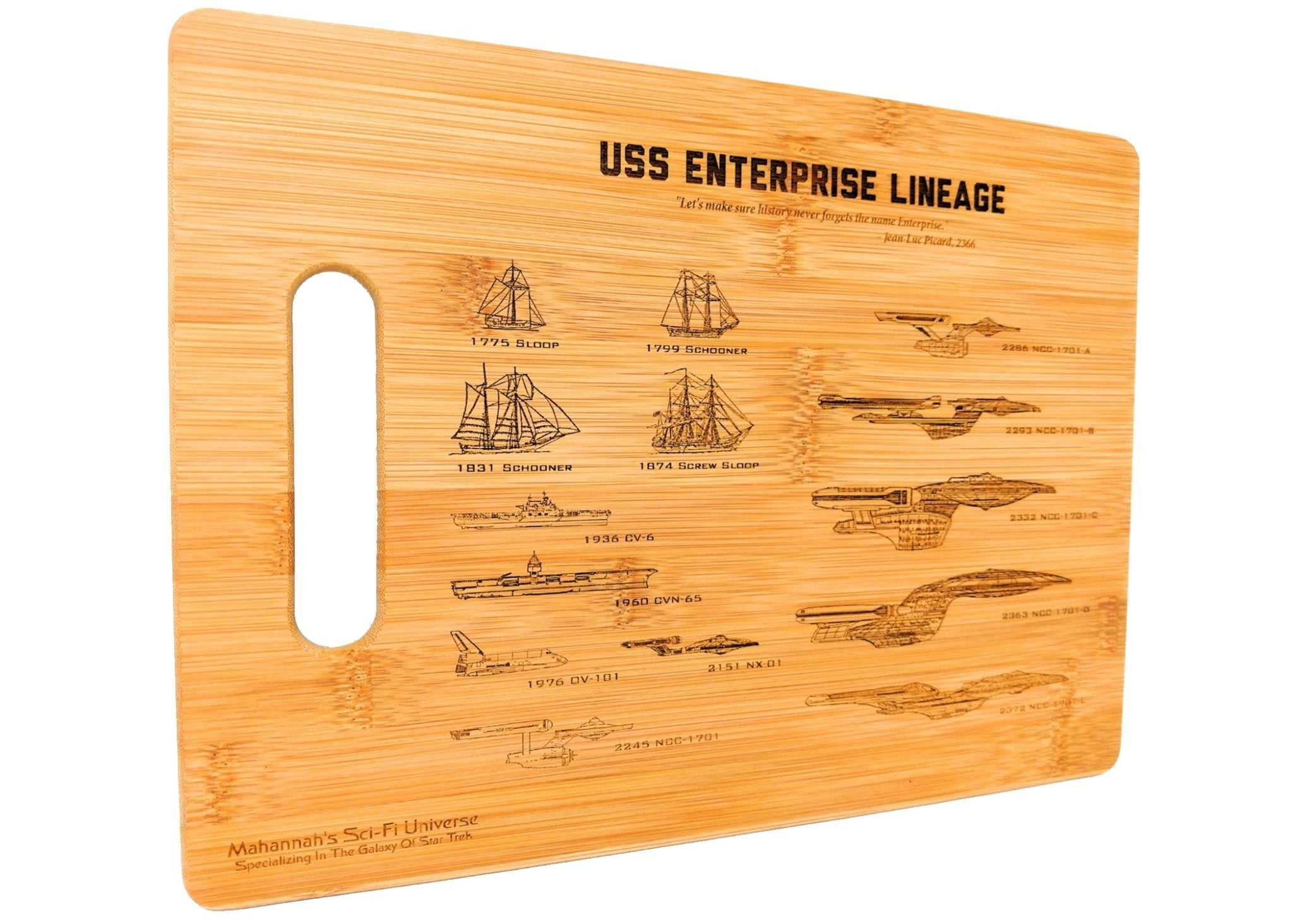 Bamboo cutting board featuring laser engraved lineage of USS Enterprise NCC-1701, showcasing intricate details and unique design.