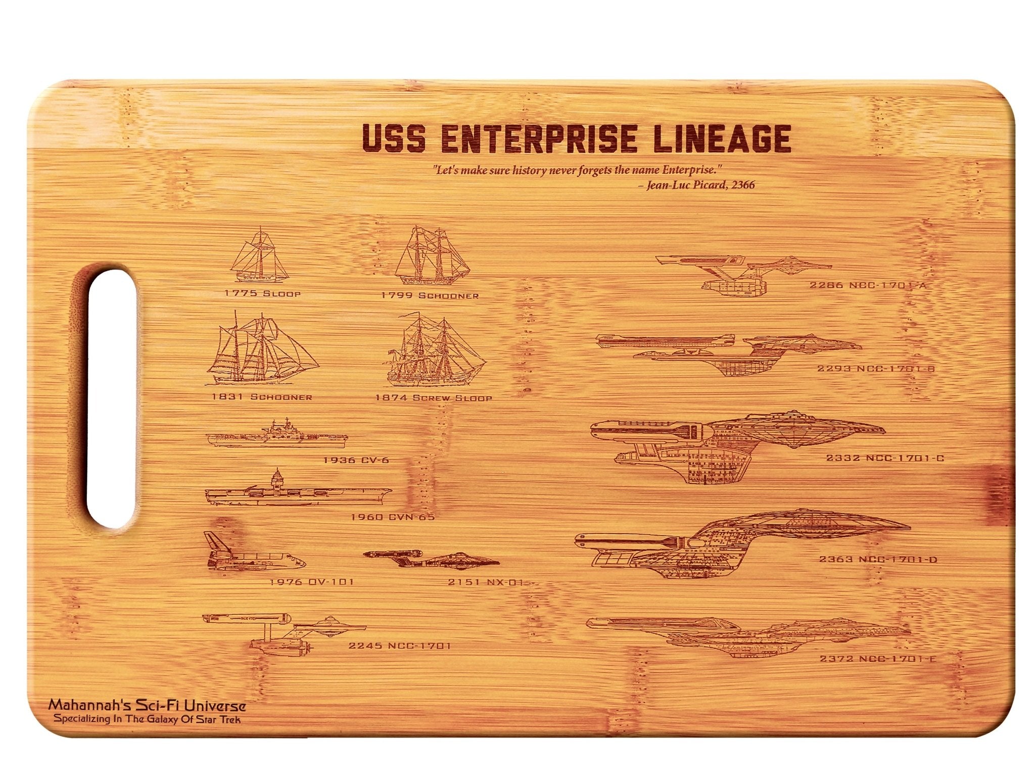Bamboo cutting board featuring laser engraved lineage of USS Enterprise NCC-1701, showcasing intricate details and unique design.
