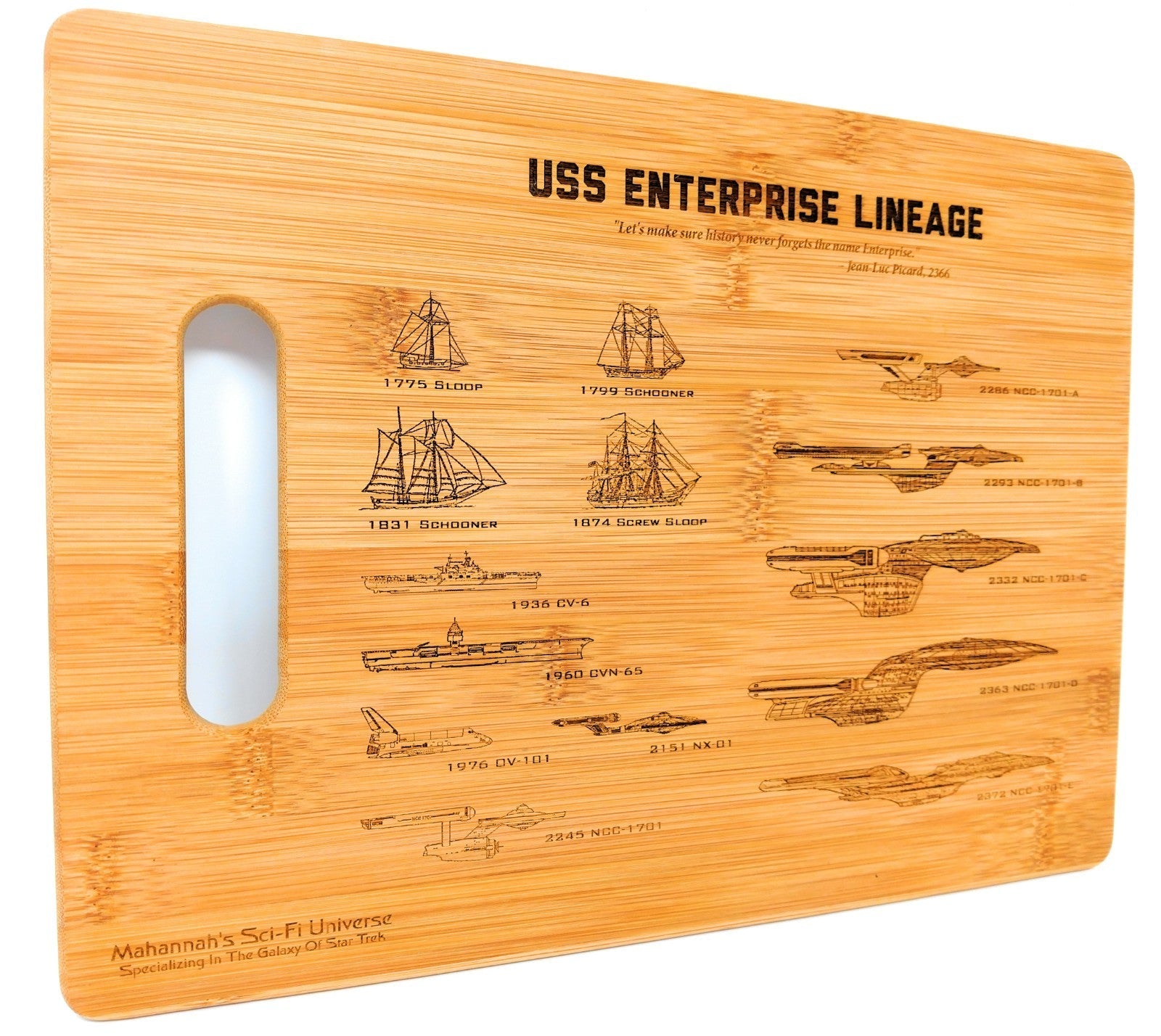 Bamboo cutting board featuring laser engraved lineage of USS Enterprise NCC-1701, showcasing intricate details and unique design.