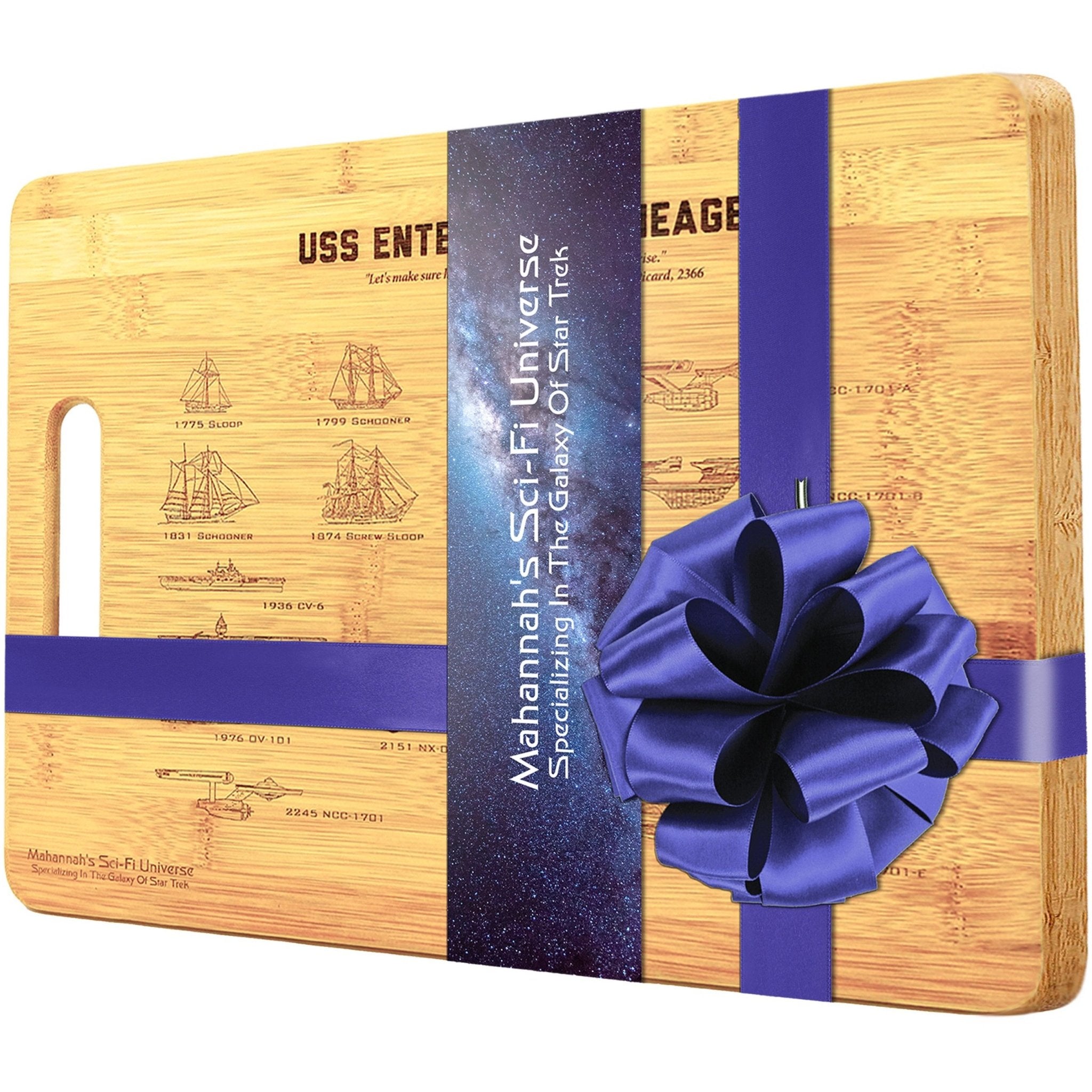 Bamboo cutting board featuring the lineage of the USS Enterprise NCC-1701, laser engraved with intricate details.