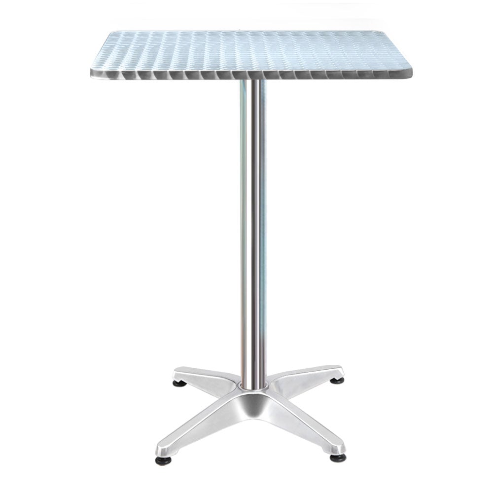 Adjustable aluminium bar table with stainless steel top, suitable for indoor and outdoor use, showcasing its sleek design and sturdy base.