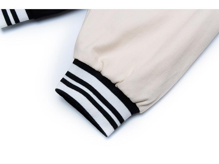 Men's baseball jacket featuring patchwork design, furry letter patches, and a stylish college look in black, blue, and khaki colors.