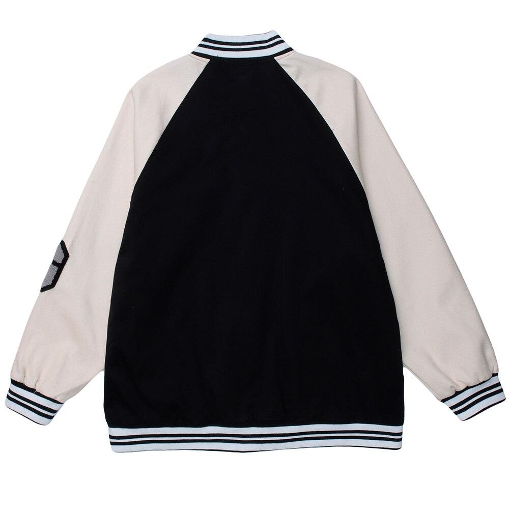 Men's baseball jacket featuring patchwork design, furry letter patches, and a stylish college look in black, blue, and khaki colors.