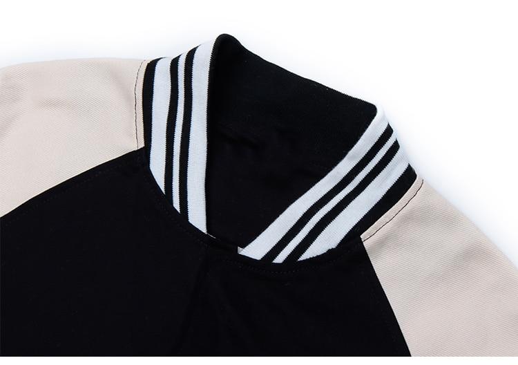 Men's baseball jacket featuring patchwork design, furry letter patches, and a stylish college look in black, blue, and khaki colors.