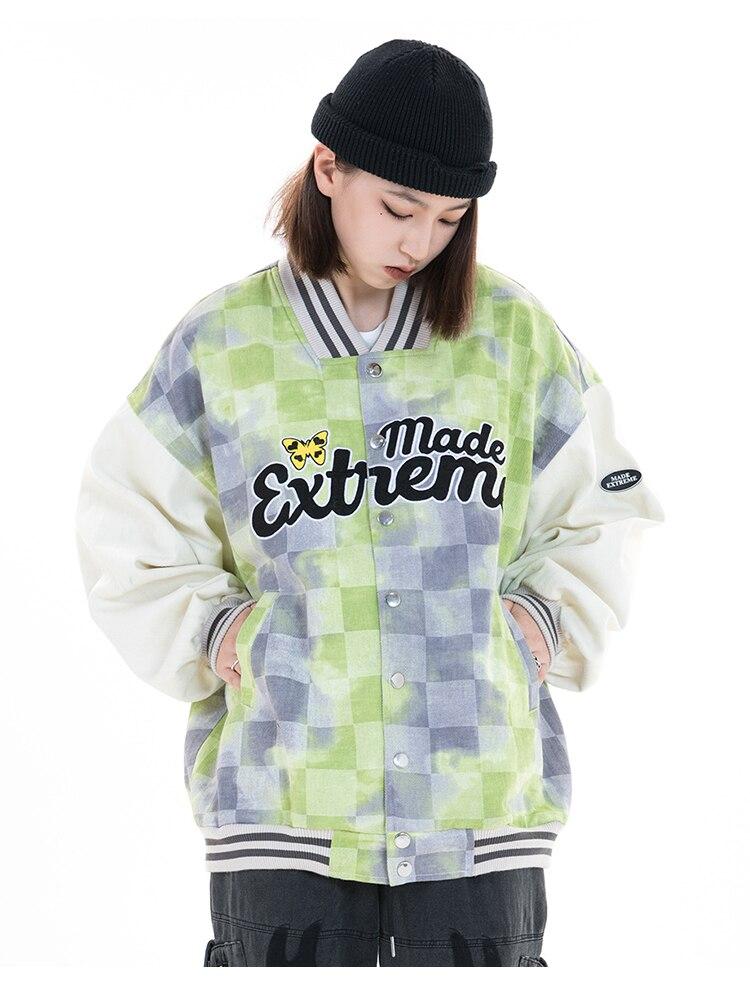 Men's tie dye checkerboard bomber jacket featuring a V-neck collar and ribbed cuffs, perfect for streetwear style.