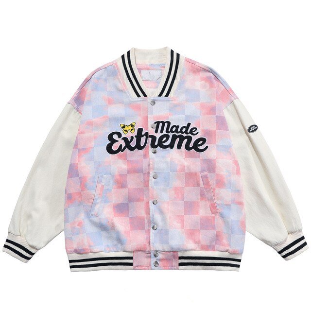 Men's tie dye checkerboard bomber jacket featuring a V-neck collar and ribbed cuffs, perfect for streetwear style.