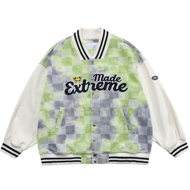 Men's tie dye checkerboard bomber jacket featuring a V-neck collar and ribbed cuffs, perfect for streetwear style.